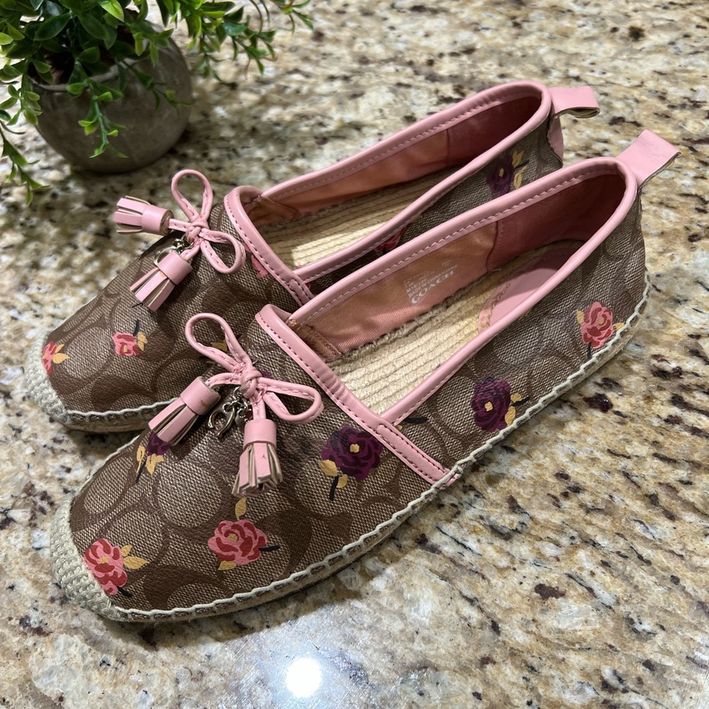 Coach Pink and Brown Floral Espadrilles Carson Flats 7.5B